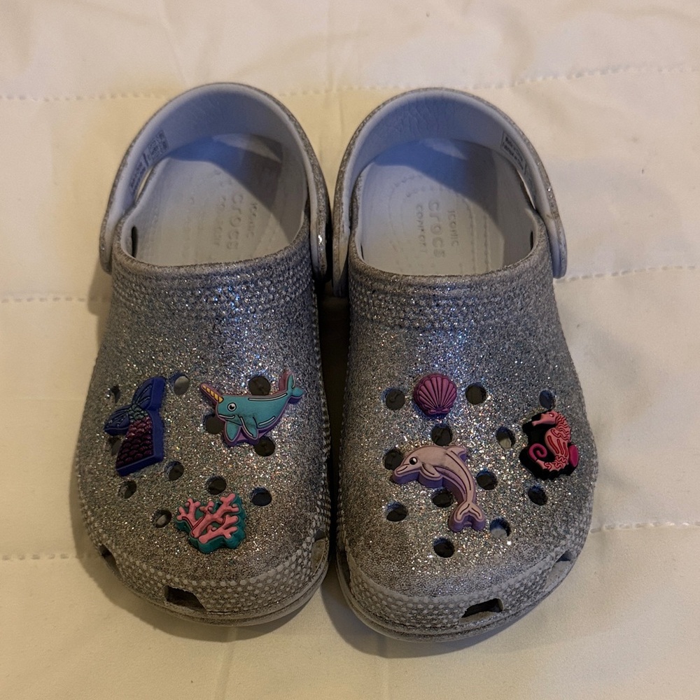 CROCS Kids Silver Glitter Water Shoes with Sea Charms
